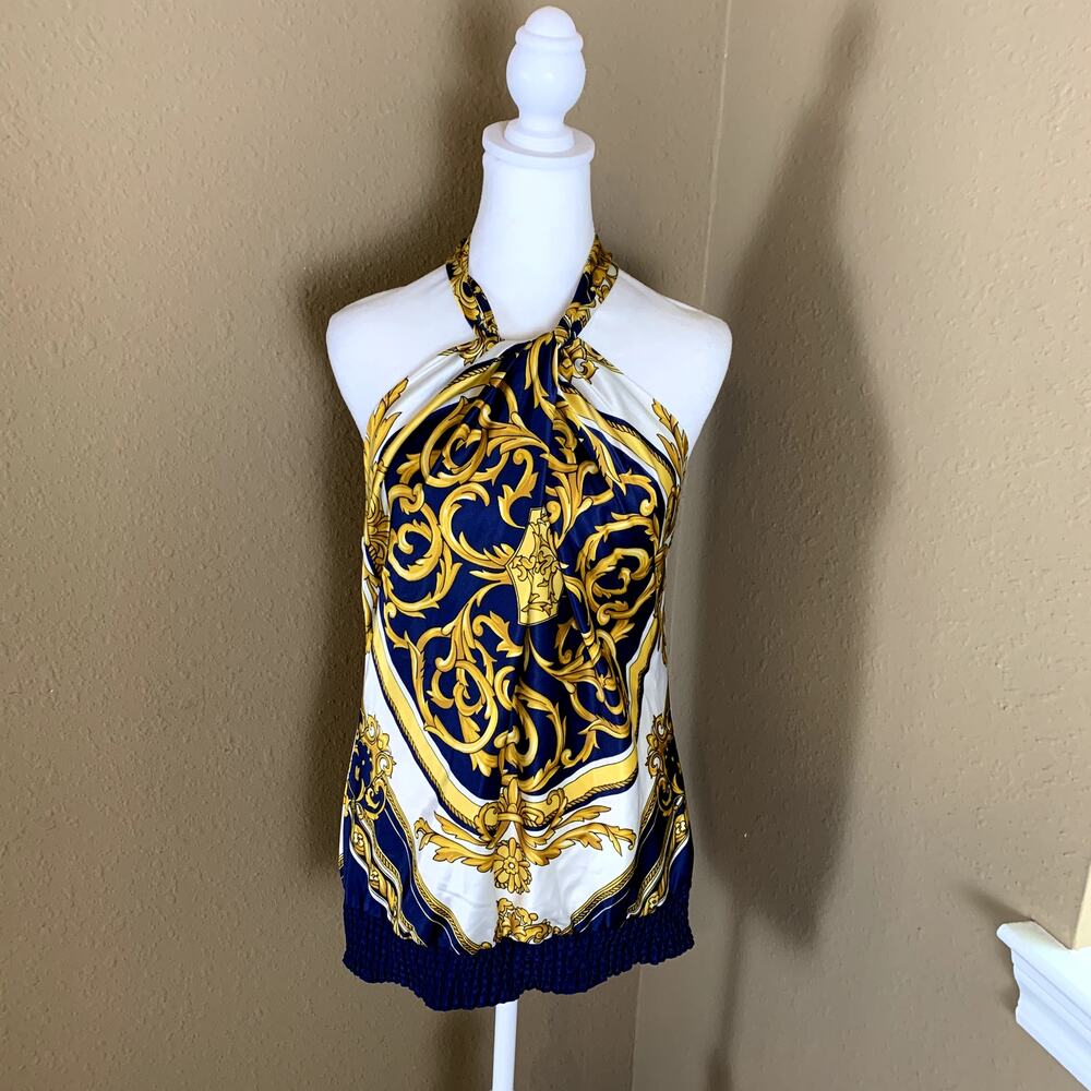 Vintage Cache Halter Top L Blue Gold Baroque Scarf Print Y2K Keyhole Glam Blouse